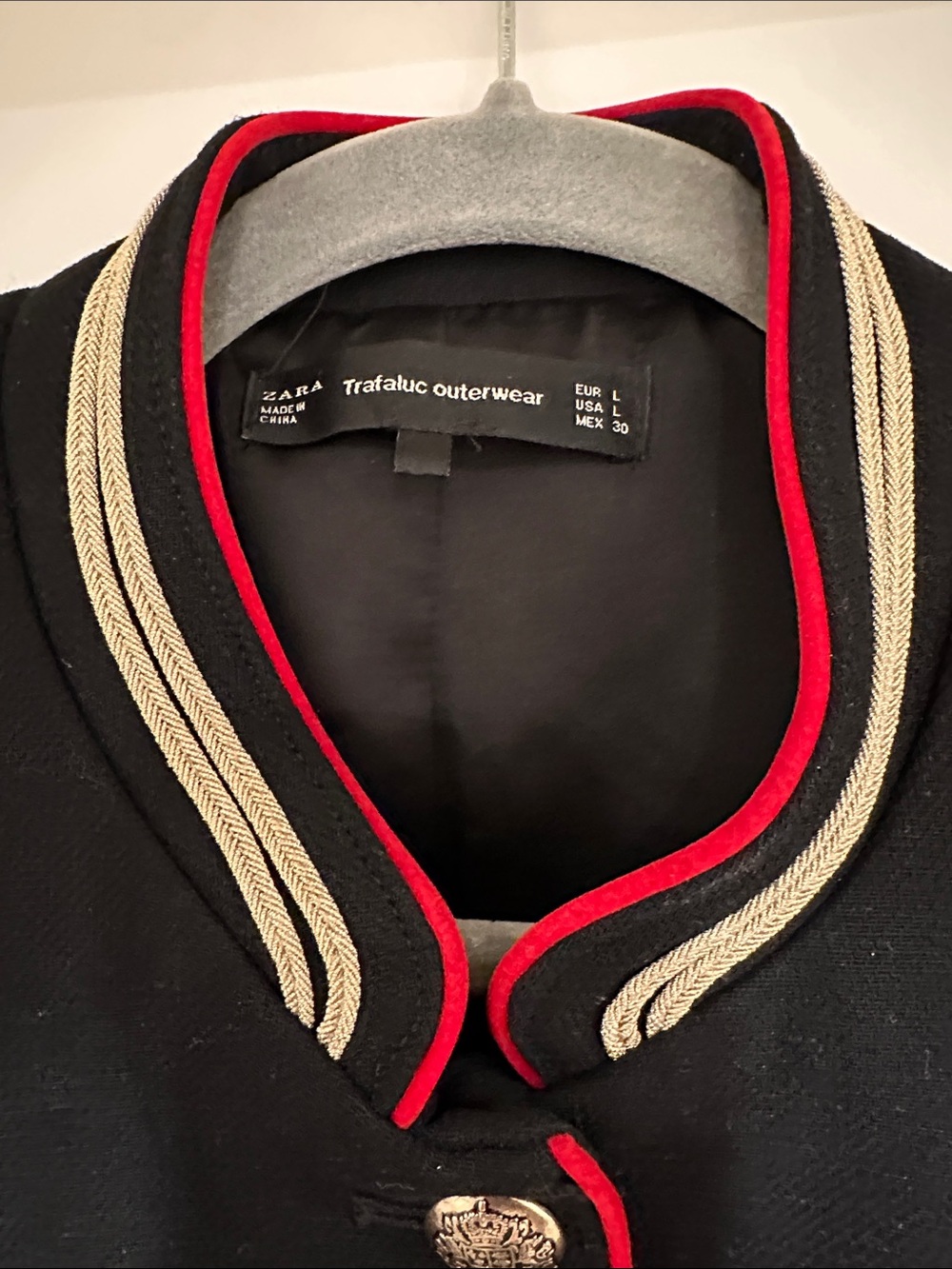 Zara Black Embroidered Military-Style Blazer with Red Trim - Picture 3 of 4